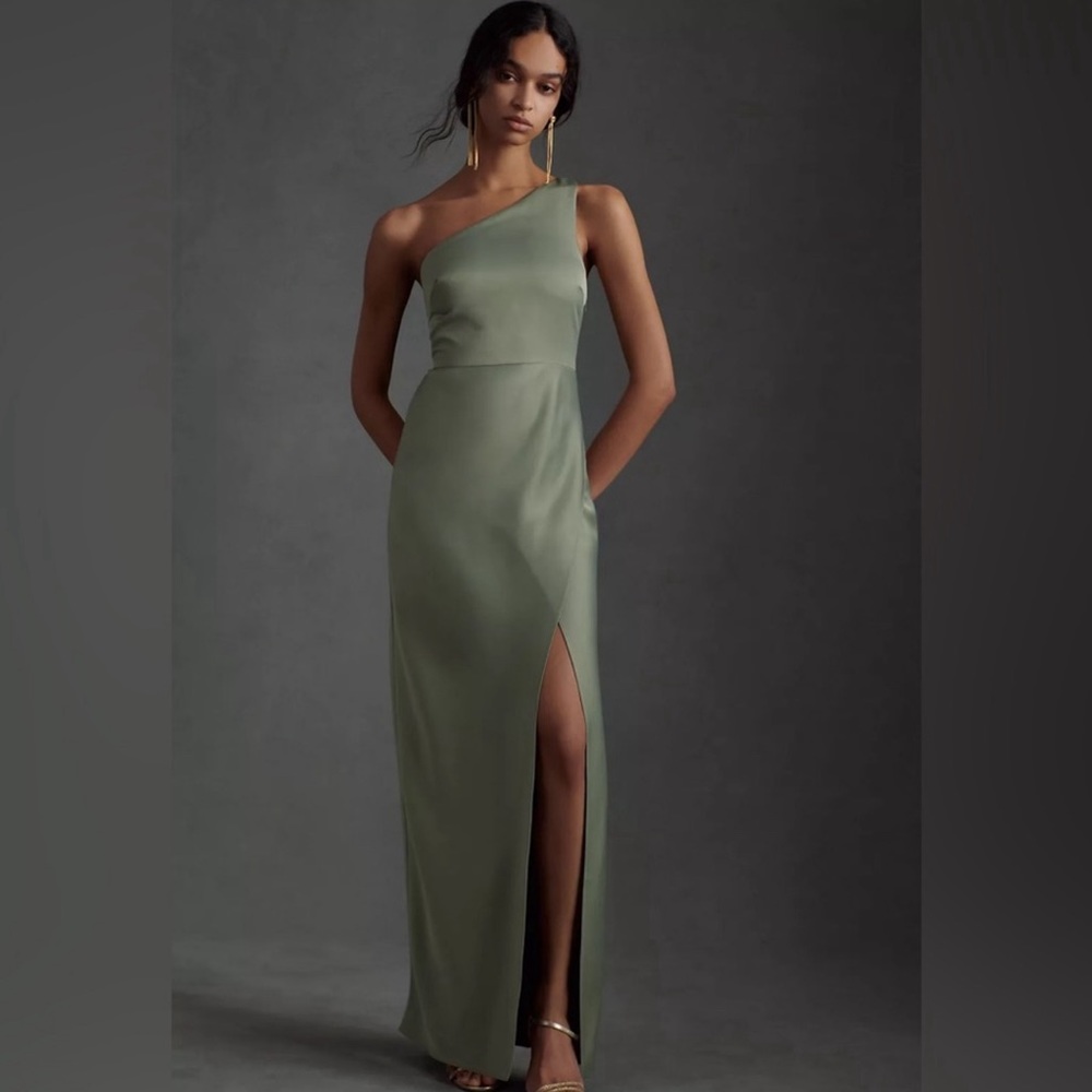 BHLDN Dylan One-Shoulder Satin Side- Slit Gown Anthropolgie